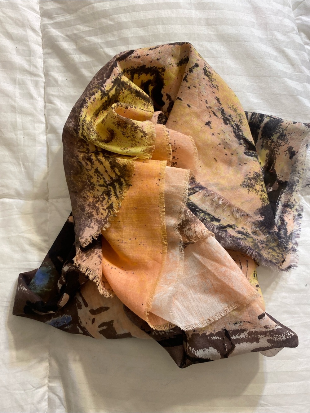 Abstract Squarish Scarf in Shades of Peach and Brown with Splashes of Orange